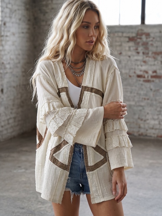 POL Sweaters - NWT POL Peace Patchwork Boho Ruffle Crochet Eyelet Open Cardigan
